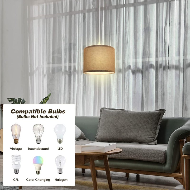 KUAUGST Plug in Pendant Light, 15 FT Hanging Lamp with Plug in Cord, On/Off Switch, Pendant Lighting with Fabric Shade, Hanging Light Fixture for Living Room, Bedroom, Dining Room, Kitchen (Gray) - Image 2